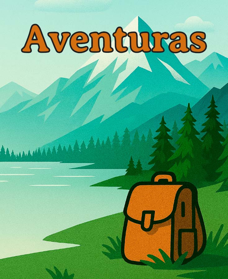 Mochila de exploración en un paisaje con montaña y lago. Con palabra aventuras
