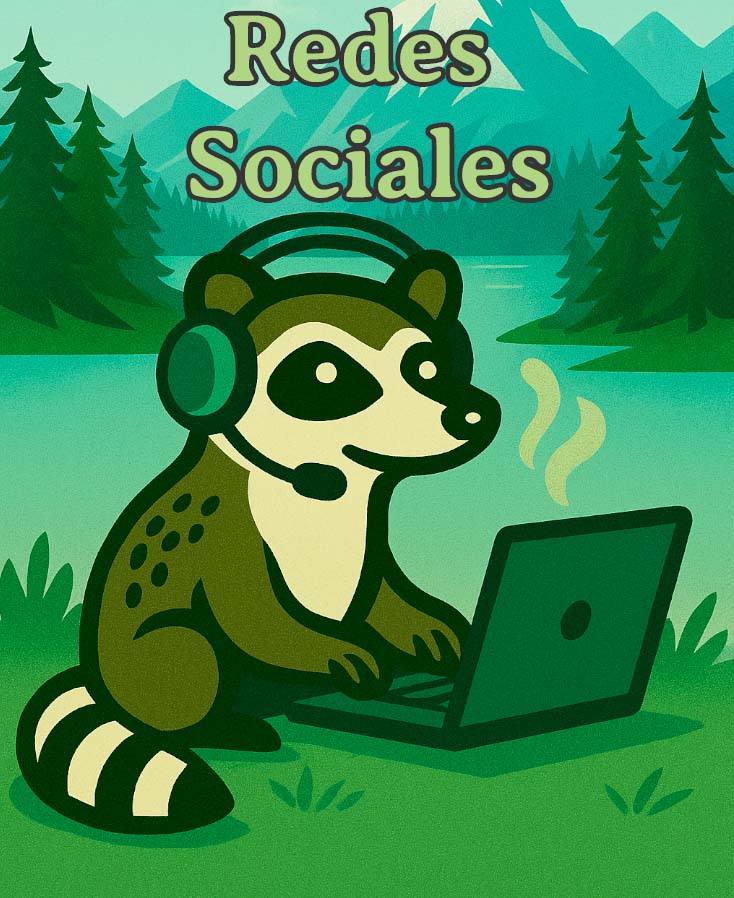 Mapache con audífonos trabajando en laptop frente a un paisaje de montaña. Con palabras redes sociales