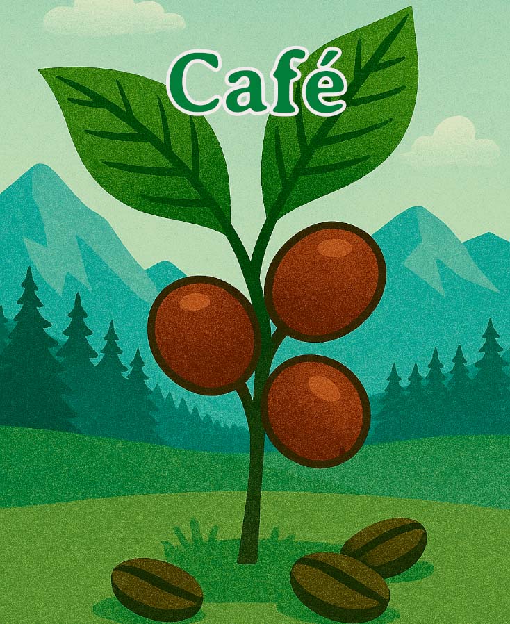 Planta de café con cerezas maduras frente a un fondo montañoso. Con palabra café