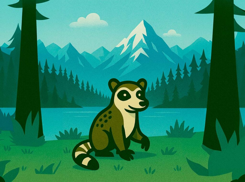 Mapache de Tatequieto - Sección Quiénes Somos Ilustración de un mapache viendo de frente con fondo de montañas nevadas en estilo Tatequieto.